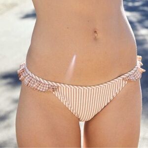 Aerie Seersucker Ruffle Bikini Bottom Brown/White NWT Size Large NWT